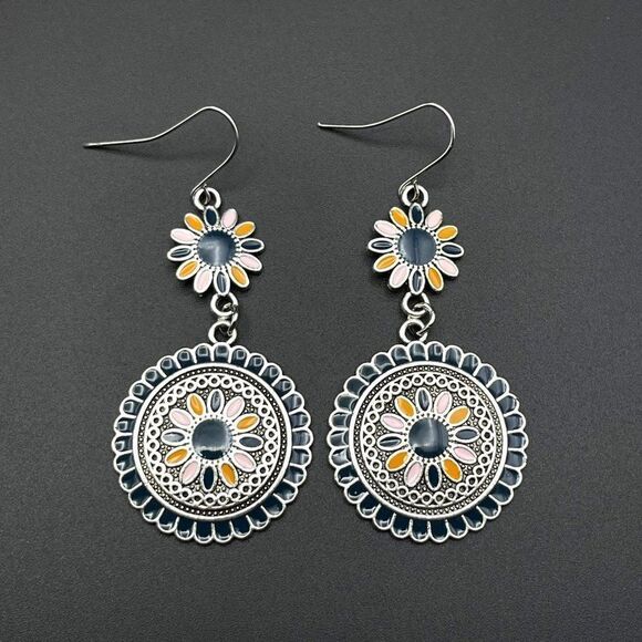 Silver with Blue Pink and Orange Enamel Dangling Boho Flower Drop Hook Earrings - Picture 2 of 9